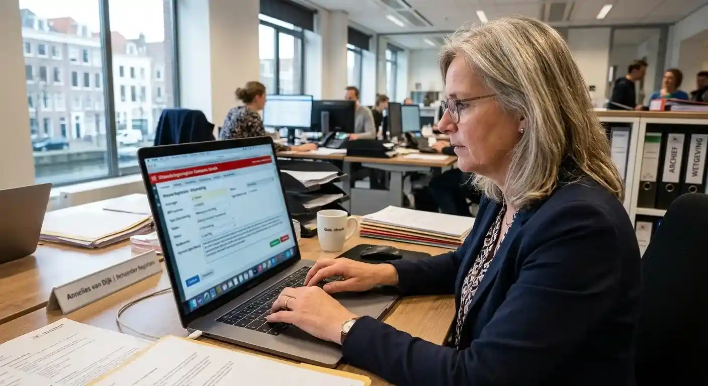 Persoon die een inschrijving in het uitsluitingsregister regelt achter een laptop