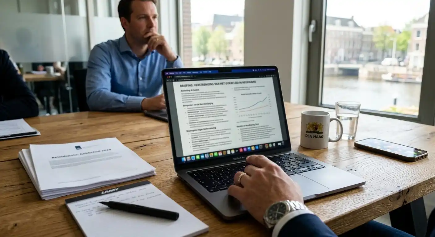 Kamerbrief over aangescherpt kansspelbeleid op een bureau met een laptop