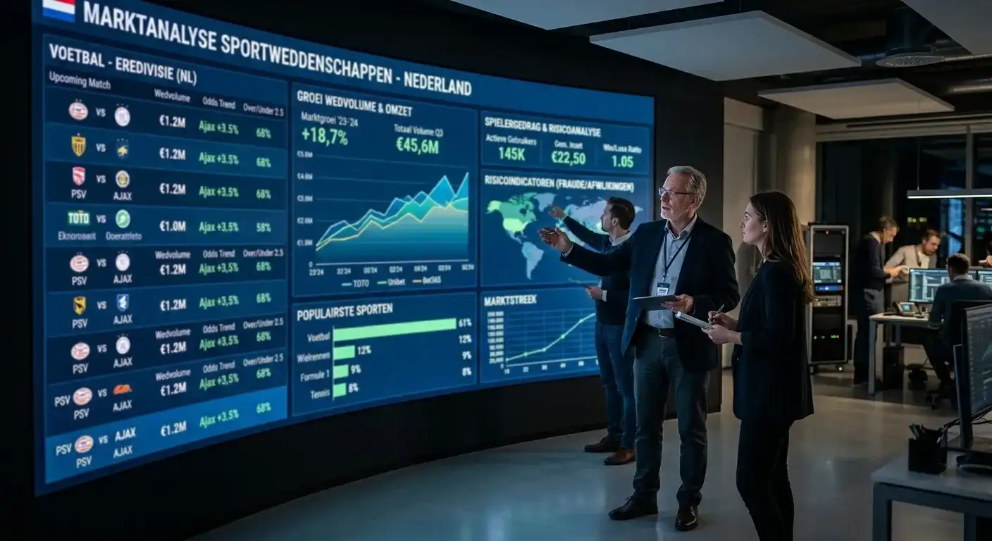 Analyse van marktcijfers over sportweddenschappen op een groot scherm
