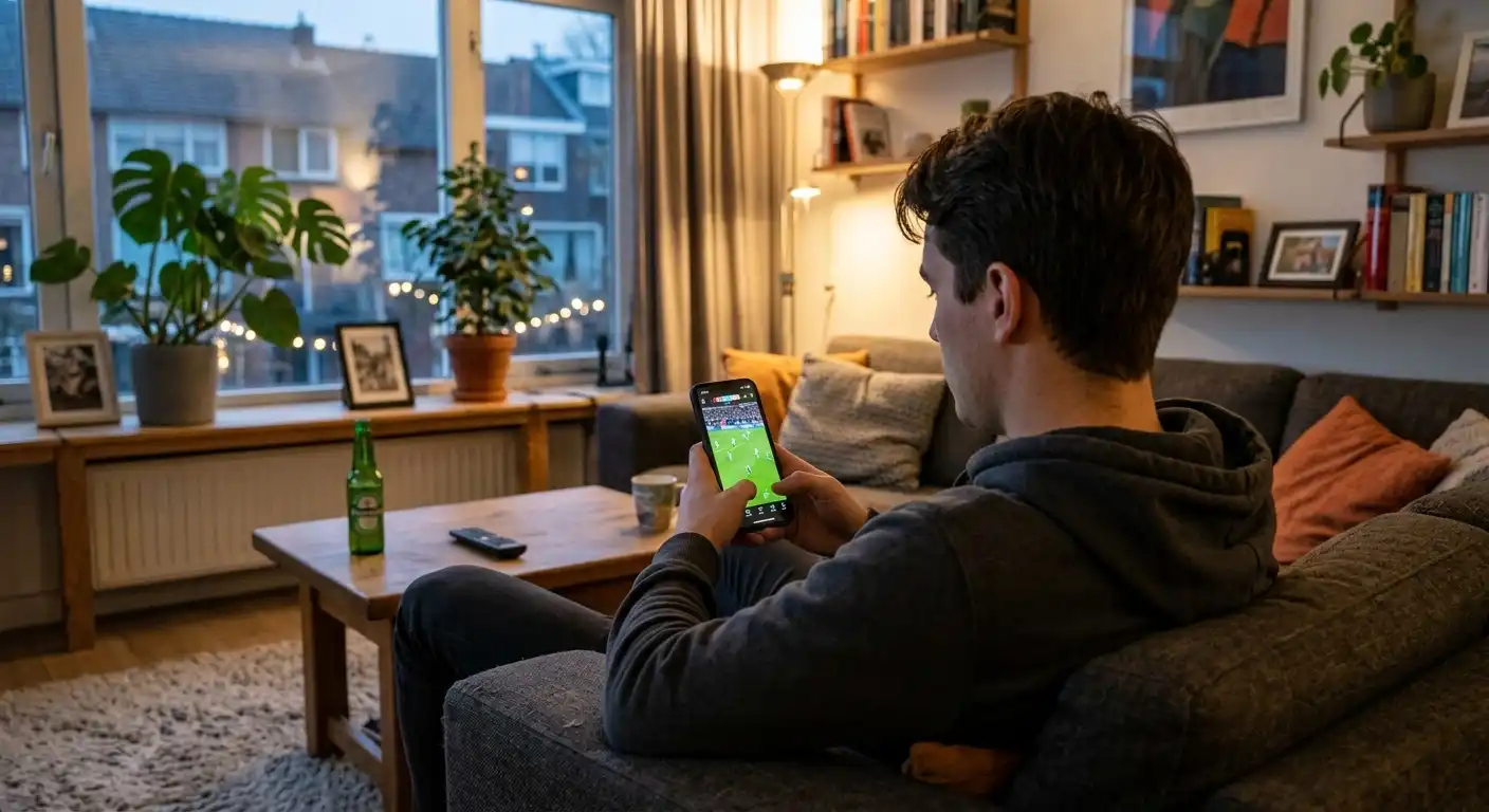 Jongvolwassene die op een telefoon een sportwedstrijd volgt in een huiskamer